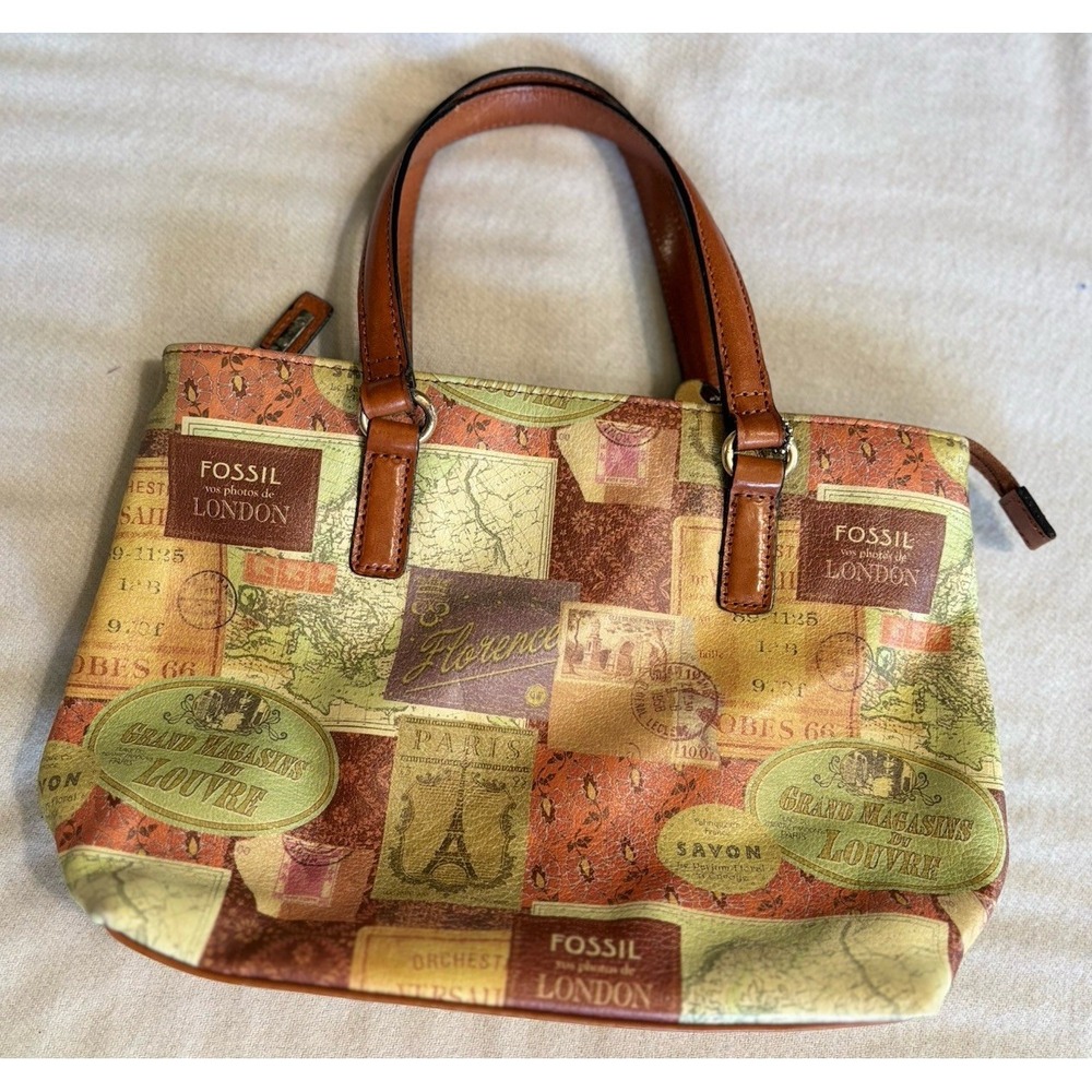 Fossil Leather Travel London Patchwork Double Handle Hand Bag Multi Color